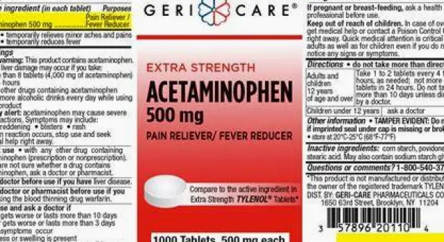 Detail of a medication label showing the liver warning text for acetaminophen usage limits