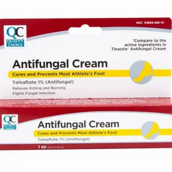 Bottle of clotrimazole topical antifungal cream with label