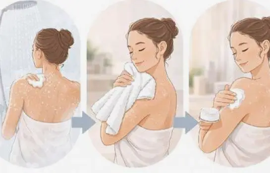 Person applying a rich emollient cream to their forearm while the skin is still slightly damp after a shower in a steamy bathroom