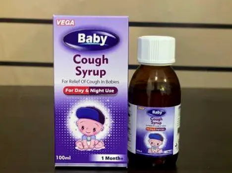 A glass bottle of cough syrup with a warning label reading "Do not use in children under 4 years of age"