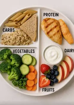 A meal plate showing varied vegetables, a protein food, whole grains, and a source of unsaturated fat such as nuts or oil