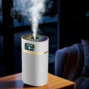 Humidifier releasing mist in a bedroom beside a bed at night