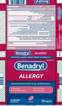 Benadryl 25 mg allergy tablets box showing Drug Facts label with active ingredient diphenhydramine HCl 25 mg and dosage directions