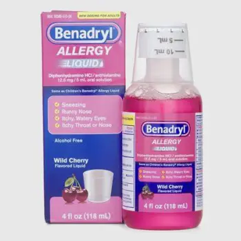 Human Benadryl bottle showing a clear label with ingredient information