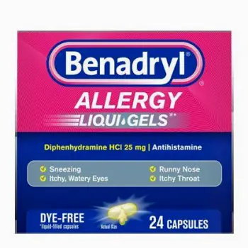 Bottle of Benadryl tablets labeled with diphenhydramine HCl 25 mg per tablet