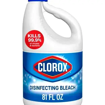 Household bleach and harsh cleaning bottles on a shelf, substances not intended for application to skin or nails
