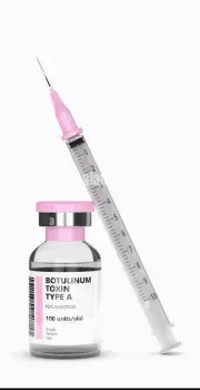 Botulinum toxin injection vials and a small syringe arranged on a clean clinical tray