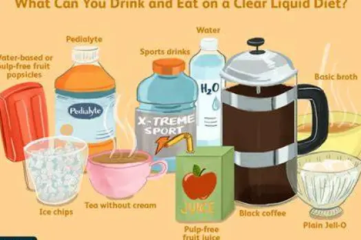 Glass of water, bowl of clear broth, and glass of clear apple juice representing permitted clear liquids
