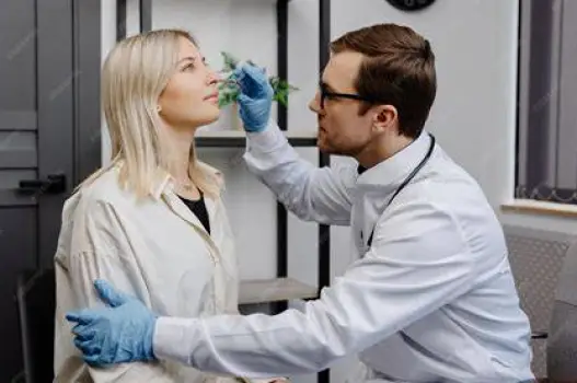 A clinician closely examining a patient's nose and surrounding facial skin during a dermatology visit.