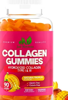Collagen supplement formats side by side: an open powder tub with a scoop, capsules, gummy pieces, and a small ready-to-drink bottle