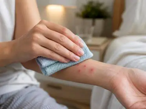 Person holding a cool compress against a bite on their skin.