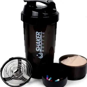 Scoop of white creatine powder being added to a shaker bottle beside a packed gym bag and water bottle