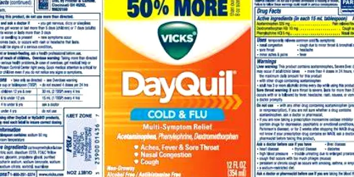 Close-up view of the Drug Facts panel on a DayQuil package highlighting the active ingredients list