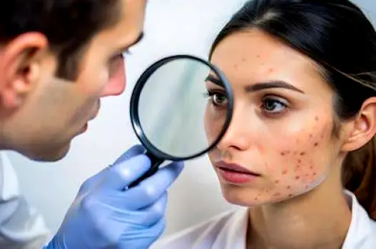 Dermatologist examining a patient's acne-affected skin with a magnifying lamp
