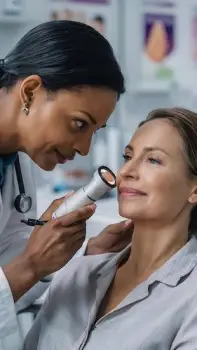 Dermatologist examining a patient's forehead under clinical lighting