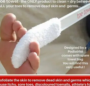 Person thoroughly drying the spaces between their toes with a towel after washing feet