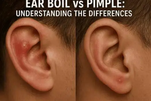 Side-by-side illustration comparing a superficial whitehead on the outer ear pinna versus a deep red swollen boil inside the ear canal