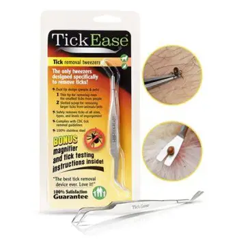Fine-toothed tweezers gripping a tick close to the skin surface for safe removal