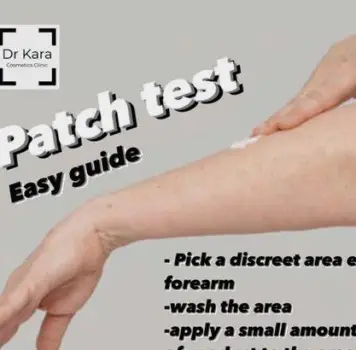 Small area of skin on the forearm with a patch test of a skincare product showing no visible redness or irritation