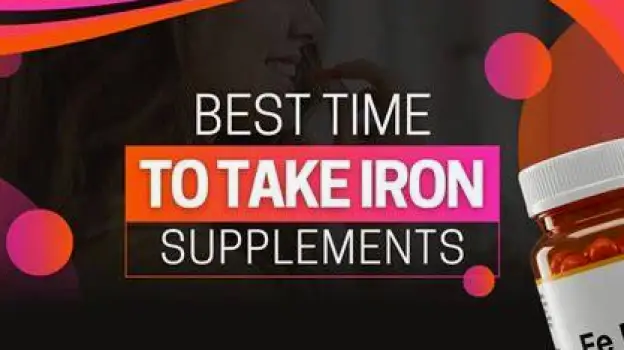 A person holding their head beside an iron supplement bottle and a simple calendar showing the timing of symptoms