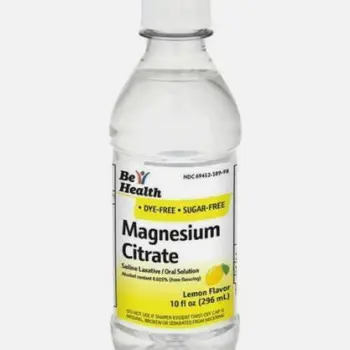 Bottle of liquid magnesium citrate, bottle of magnesium citrate capsules, and bag of PEG electrolyte solution