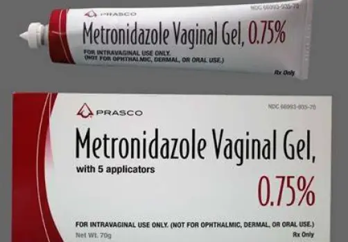 Oral metronidazole tablets beside a vaginal gel applicator, showing the two physical forms of the medication side by side