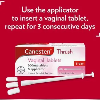 Oral antibiotic tablets in a blister pack beside a vaginal gel applicator and tube