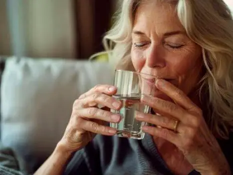 Person sipping water from a small cup while sitting upright