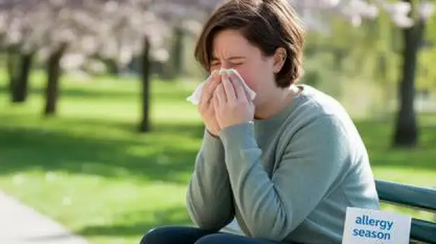 Person sneezing and holding a tissue while sitting near a blooming potted plant and a dog