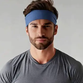 Person wearing a headband that touches the forehead, illustrating how headbands can transfer product residue and cause friction.