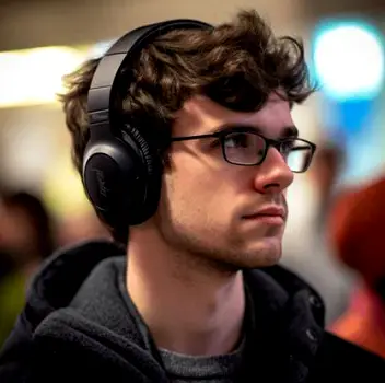 Person wearing noise-cancelling headphones to block background noise while listening at lower volume