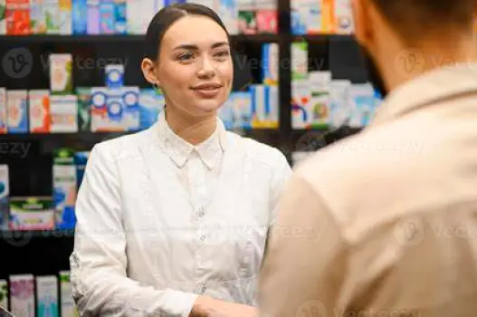 Pharmacist discussing a collagen supplement with a customer at the pharmacy counter