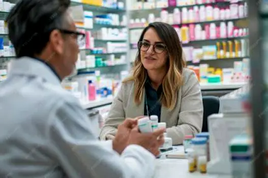 Pharmacist discussing medication labels with a customer at a pharmacy counter