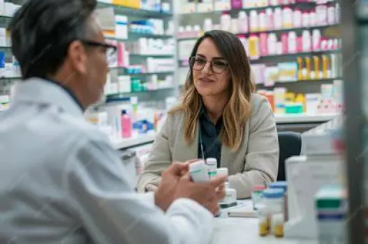 Pharmacist discussing hay fever medication options with a customer