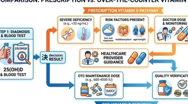 Prescription vitamin D2 capsule beside over-the-counter vitamin D3 softgels and tablets