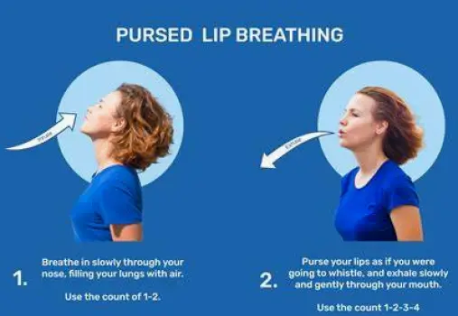 Person gently exhaling through lightly pursed lips during a breathing exercise