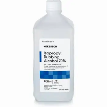 Clear bottle labeled isopropyl alcohol with a spray nozzle