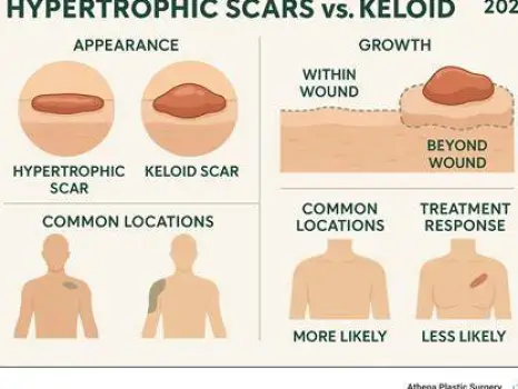 Three scar types shown side by side: a flat scar level with surrounding skin, a raised hypertrophic scar staying within the original wound borders, and a raised keloid extending beyond the wound borders