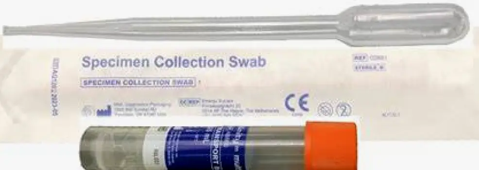 A vaginal swab sample placed in a preservation tube ready for mailing to a laboratory