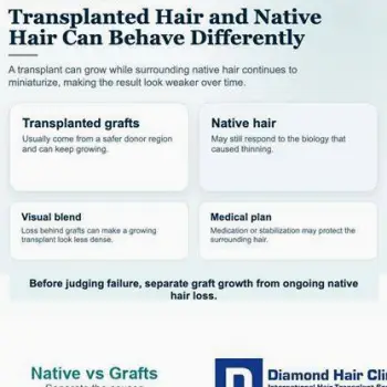 Scalp showing a dense area of transplanted hair surrounded by thinner native hair