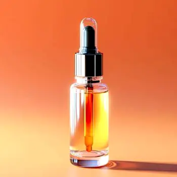 Amber glass bottle of vitamin C serum with a dropper dispensing golden liquid