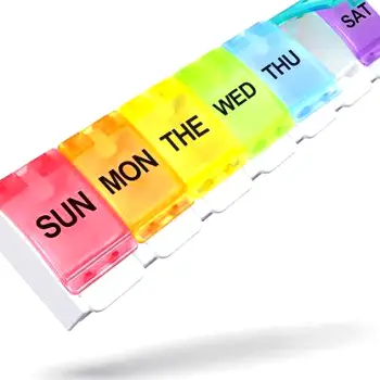 Weekly pill organizer with seven daily compartments for tracking medication doses
