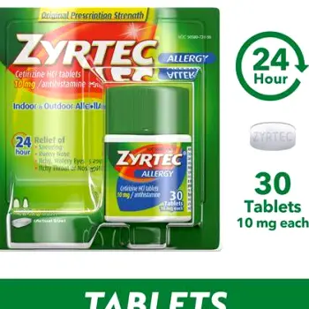 Illustration of a tablet and a liquid bottle side by side, representing tablet and liquid forms of Zyrtec